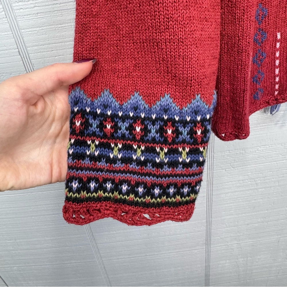 Icelandic Design Red Pattern Full Zip Sweater Fair Isle Tassel Accent Silk Blend - Picture 3 of 7